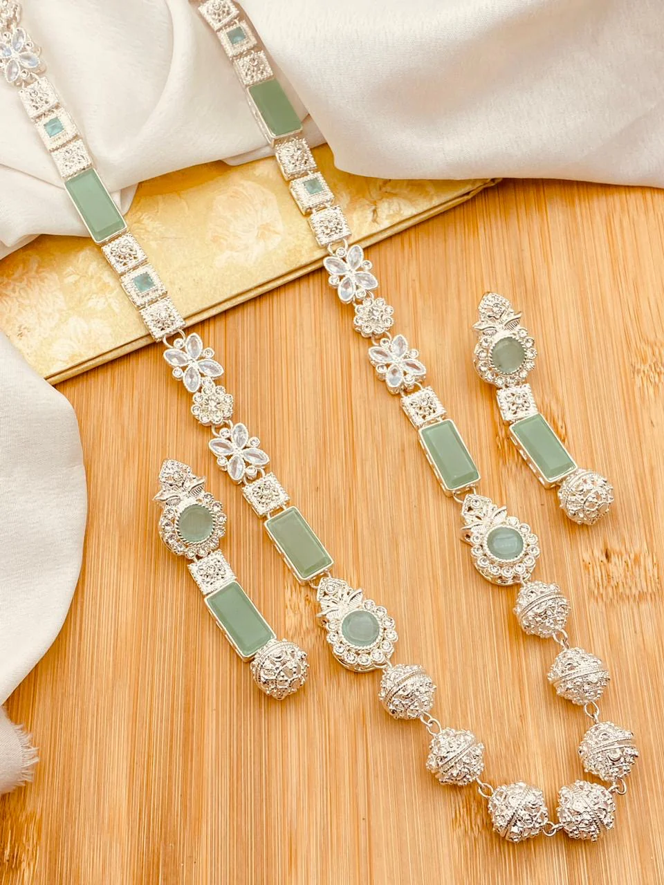 Trendy Bridal Egyptian Mala with Earring NJ-1166-Silver - Image 3