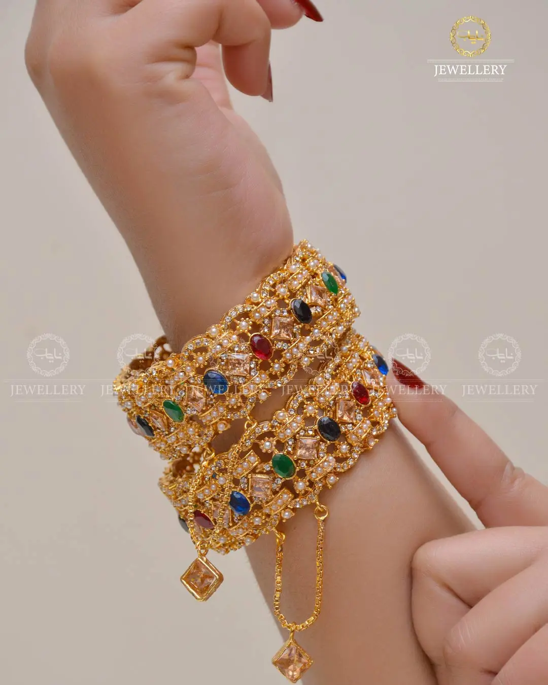 Gold Polished Zarcon Openable Bangles (Pair) NJ-1630 - Image 3