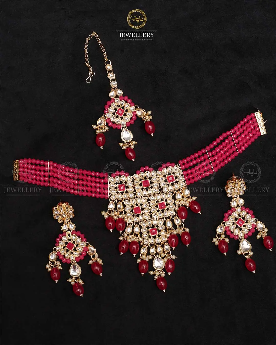 Indian kundan Jhalar Chokar set with Tika-2253-Golden - Image 3