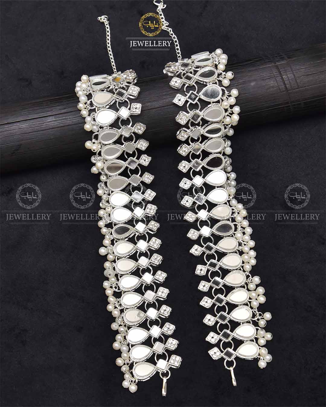 Kundan Almond Anklet (Pazaib) pair-2289-Silver - Image 3