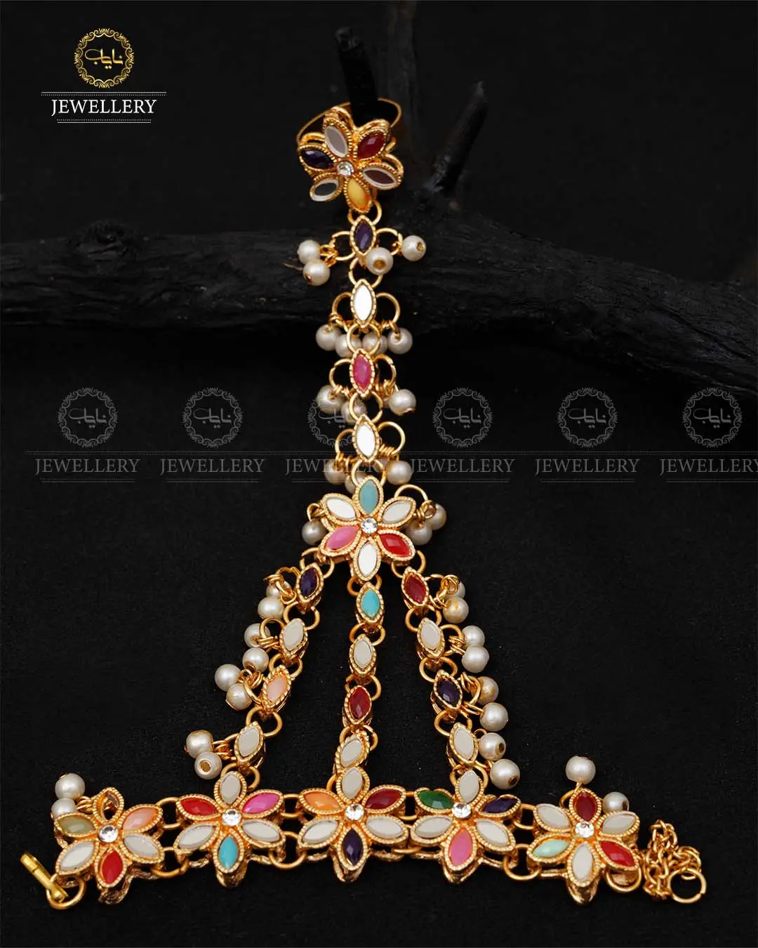 Kundan Angla (Bracelet with Ring)-2042-Golden - Image 7